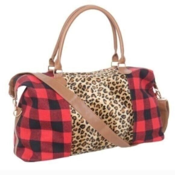 Leopard & Buffalo Plaid Duffel Bag With Brown Handles & Detachable Strap - Picture 2 of 12